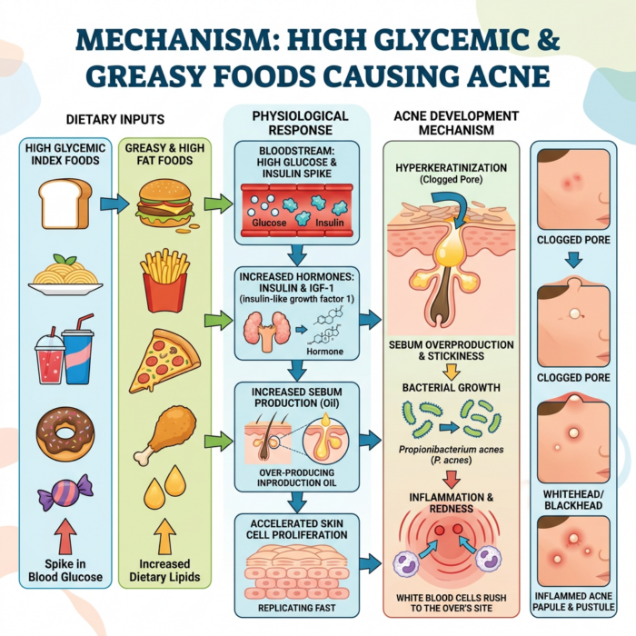 Flowchart showing how high glycemic and greasy foods lead to acne via blood glucose spike, hormone changes, sebum production, hyperkeratinization, bacterial growth, and inflammation